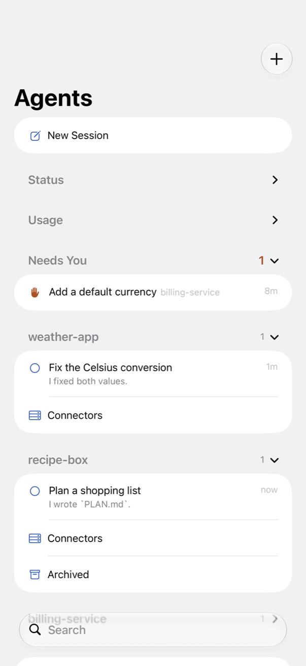 Agents on an iPhone: the list of agents grouped by who needs you